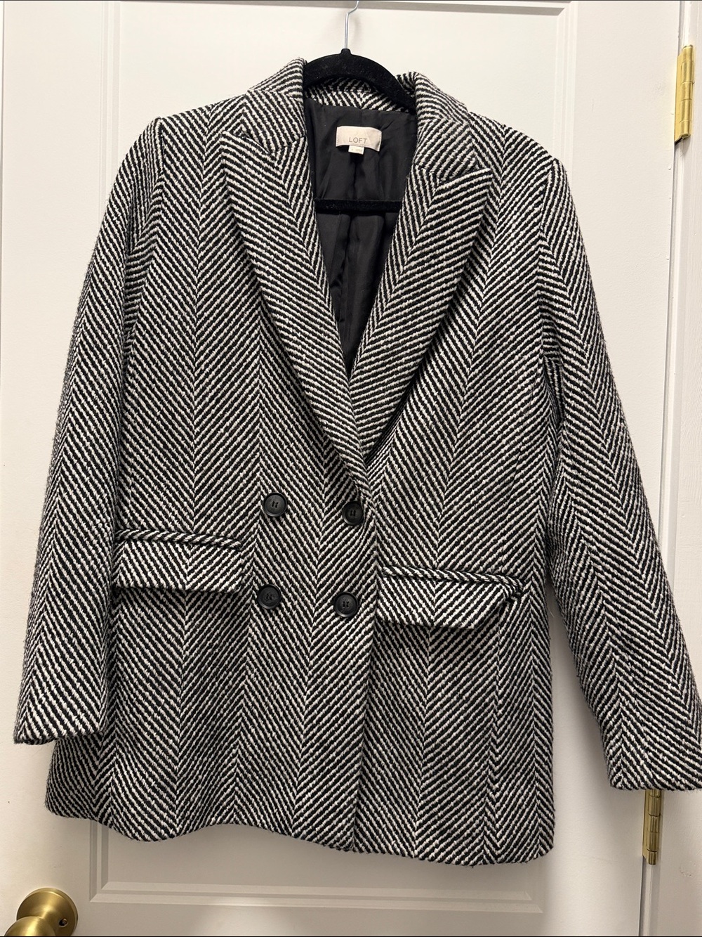 LOFT Black & White Herringbone Double-Breasted Blazer Jacket